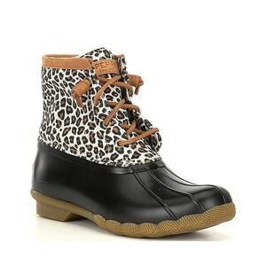 Sperry Lace Up Saltwater Rain Boots Ankle Booties Rubber Leopard 6